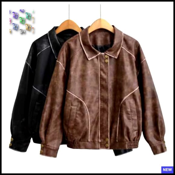 Distressed Faux Leather Bomber Jacket Oversized Motorcycle Style Fall Fashion - Picture 5 of 6